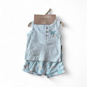 Chickpea 3-Piece Set Tank, Shorts, Hat Sz 3-6 Mos Blue Beach Palm Trees Daddy ❤️